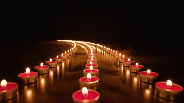 Curving path of glowing tea light candles on dark reflective surface