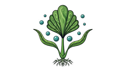 Vibrant green aquatic plant art with fanned leaves, a developed root structure, and floating bubbles, depicting serene underwater flora and natural