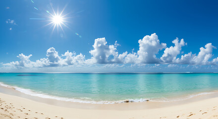 Obraz premium Serene beach scene with clear blue sky and sun