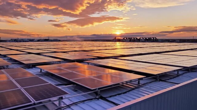 Solar panels on industrial roof at sunset, renewable energy, technology in action, clean power generation, sustainable future