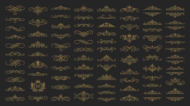 Collection of gold vintage ornate vector elements, classic flourishes, dividers and monograms on a dark background, concept for high-end branding, wedding invitations and luxury packaging