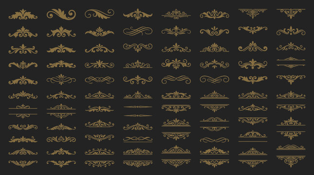 Golden vintage vector ornaments set with decorative dividers, borders and flourishes on a black background, concept for wedding design, luxury invitations and certificate borders