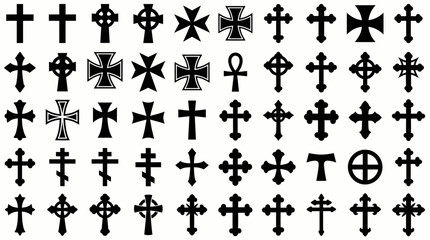 Collection of diverse black cross silhouettes and religious symbols vector set on white, concept for theology study, iconography design and spiritual artwork