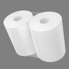 3D rolls of white paper towels, twisted together with transparent film, packaging, product.