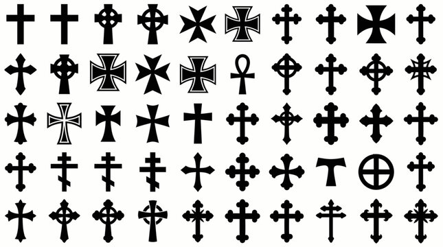 Collection of diverse black cross silhouettes and religious symbols vector set on white, concept for theology study, iconography design and spiritual artwork