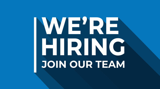 White 'We're Hiring Join Our Team' text with long shadow effect on a vibrant blue background, concept for job opportunities, recruitment campaigns and corporate vacancies