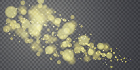 Festive sparkling dust gold PNG. Bokeh Christmas glowing light effect. Soft gold bokeh light circles float on a transparent background, glowing effect perfect for overlays, festive designs
