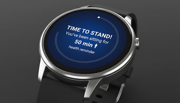 A close-up shot of a modern smartwatch displaying a "TIME TO STAND!" health reminder after 50 minutes of sitting, on a dark background. - Powered by Adobe
