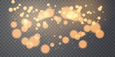Festive sparkling dust gold PNG. Bokeh Christmas glowing light effect. Soft gold bokeh light circles float on a transparent background, glowing effect perfect for overlays, festive designs