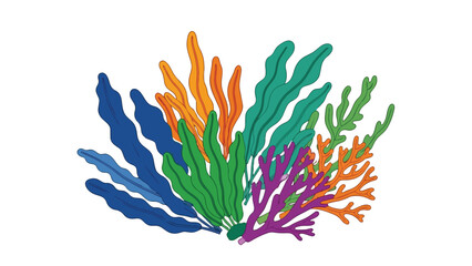 A richly colored underwater ecosystem illustration featuring a diverse array of marine plants and corals in blue, green, orange, and purple hues,
