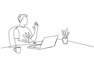 Man on casual wear sitting at chair desk with laptop, coffee, and plant, waving his hand in greeting, designed in single line drawing style, symbolizing a business concept and the theme of Say Hi Day. © Simple Line