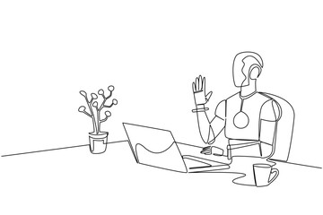 Robot at desk with laptop, coffee, and plant, waving to greet in continuous line drawing style, highlighting science concept and Say Hi Day theme in futuristic symbolic design.