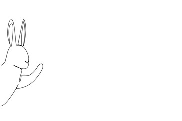 Fototapeta premium Continuous line drawing of a rabbit waving its paw behind the wall, designed in a nature concept for International Rabbit Day theme, showcasing playful minimalism in vector form.