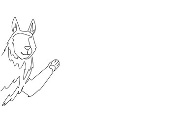Fototapeta premium Single line drawing of a wolf waving its paw behind the wall, highlighting a nature concept with a wildlife theme, created for International Wolf Awareness Day as minimal vector art.