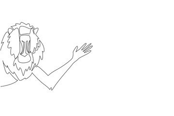 Continuous line drawing of a mandrill waving hand behind a wall, emphasizing its colorful face in a simplified style. Created as a design concept for International Monkey Day with nature theme.