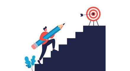 A person holding a large pencil climbs a staircase towards a target, symbolizing the steps to achieving educational or career goals.