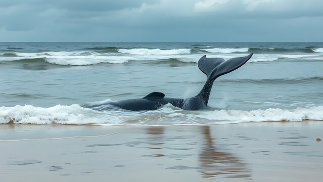 motherliness. Beached whale with tail fin splashing in shallow water under overcast sky. wildlife magazines, conservation campaigns, designed for eco-tourism storytelling.
