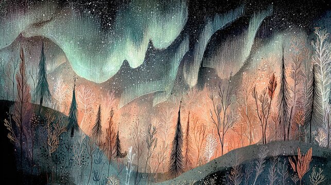 A winter forest features various trees silhouetted against the night sky. The northern lights create waves of color above hills. Stars fill the sky, adding brightness to the scene.