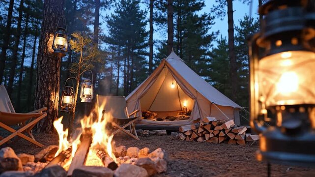 Cozy campfire tent warm lantern pine forest blue dusk outdoor camping rustic scene glowing light wooden log tranquil mood cozy campsite pine blue dusk warm lantern glow and crackling fire