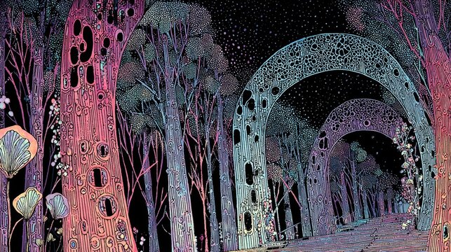 Colorful trees and arches in a surreal forest landscape at night with stars in the sky and unique patterns