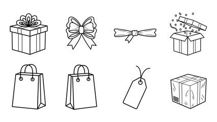 Gift boxes, decorative bows, shopping bags, and a price tag in line art style, perfect for holiday shopping and celebration themes