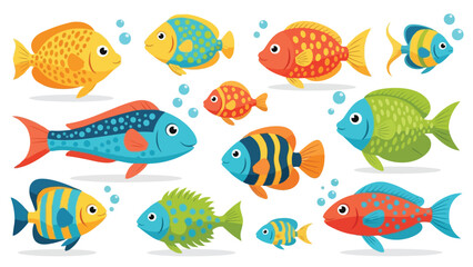 Fototapeta premium Vibrant, cheerful collection of diverse cartoon fish swimming happily. Each displays unique patterns, bright colors, friendly expressions, a lively