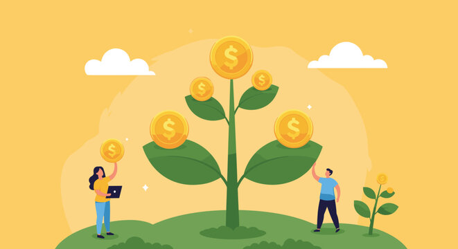 A man and a woman tend to a growing money tree with gold coins, illustrating concepts of investment, financial growth, and wealth.