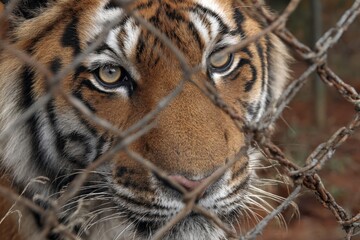 Intense Tiger Portrait Behind Wire Mesh Barrier