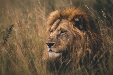 Majestic Male Lion Standing Proudly in African Savanna Grasslands