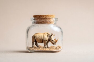 Rhino figurine captured in a glass jar with cork lid