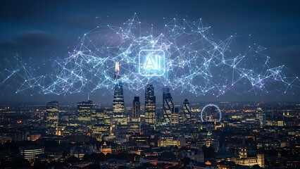 Futuristic cityscape at night featuring an illuminating AI network and central icon, symbolizing advanced technology, data connectivity, and the digital transformation of urban environments globally