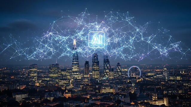 Futuristic cityscape at night featuring an illuminating AI network and central icon, symbolizing advanced technology, data connectivity, and the digital transformation of urban environments globally - Powered by Adobe