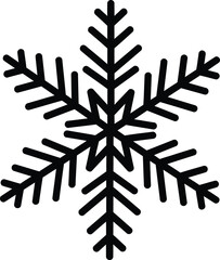 Black snowflake icon with geometric symmetrical crystal branches isolated on white background for winter season holiday cards and minimalist Christmas decoration patterns.