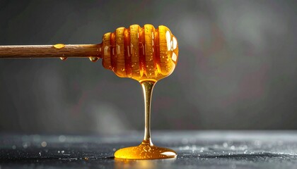 Honey dripping from wooden dipper onto dark surface.