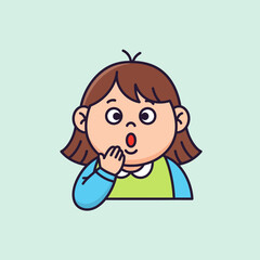 Obraz premium Cute cartoon girl with surprised expression covering her mouth.