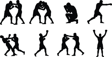 Boxing silhouette icons, sparring poses, punching stances, defensive guard, uppercut action, clinch movement, victory celebration, combat sports