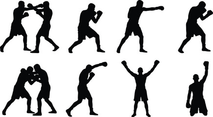 Boxing silhouette icons, sparring poses, punching stances, uppercut action, defensive guard, victory celebration, combat sports, fitness training