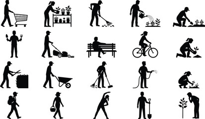 Gardening silhouette icons, outdoor activities, lawn care, plant watering, hedge trimming, cycling, shopping cart, fitness, nature lifestyle