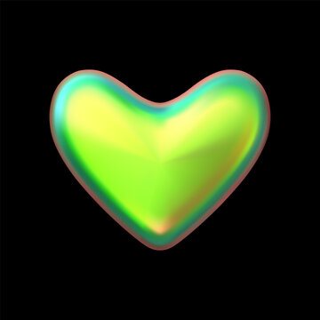 Green holographic heart 3D vector icon, Y2K chrome love symbol iridescent gradient effect, shine metallic romantic emoji