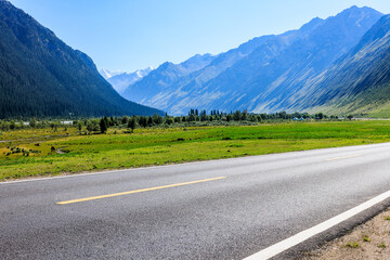 Fototapeta premium Empty country road through green grassland and mountain natural landscapes in summer