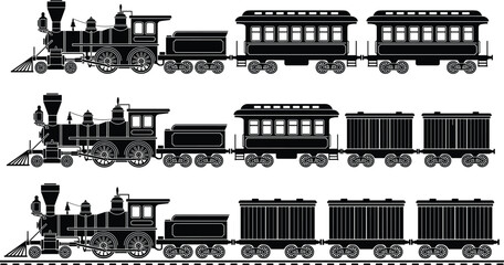 Obraz premium Vintage steam locomotive silhouettes, coal tender, passenger train, boxcar transport, railway history, classic engine, transportation design, retro