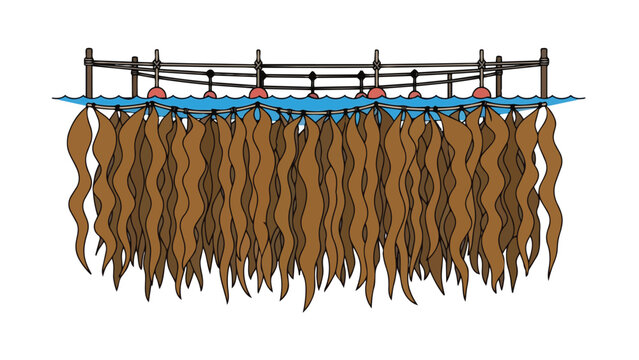 Aquatic cultivation system for brown seaweed harvest featuring submerged fronds. A floating platform supports numerous kelp strands for sustainable
