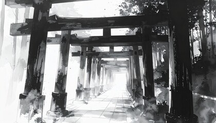 Fototapeta premium 伏見稲荷大社の鳥居が連なる白黒墨絵