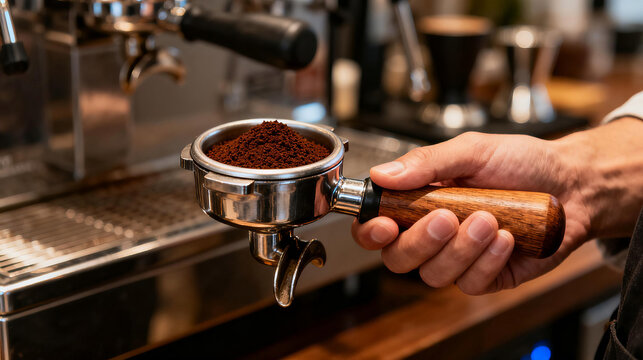 A barista holds a portafilter with freshly ground coffee for espresso preparation, showcasing professional coffee brewing equipment and technique in a cafe setting.