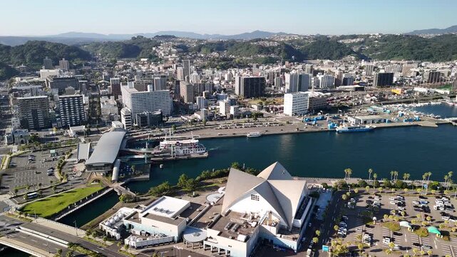 Kagoshima City, Kagoshima Prefecture, Kyushu Island, Japan &ndash; 4K Footage of Seaside City, Urban Streets, Towers, Skylines, Vehicles, Ferries, Sea Port Along Japan Coastline