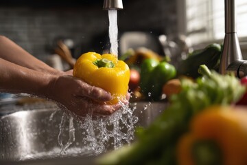 close-up of hands washing a yellow bell pepper in the kitchen sink, surrounded by fresh vegetables and stainless steel appliances.