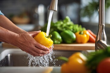 close-up of hands washing a yellow bell pepper in the kitchen sink, surrounded by fresh vegetables and stainless steel appliances.