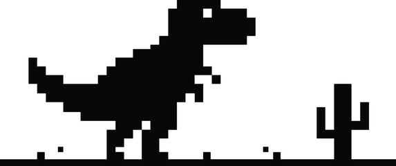 Pixel dinosaur runner silhouette icon in retro arcade style showing endless game concept, minimal black and white vector illustration