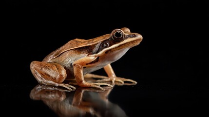 Close-up of a Brown Frog on a Black Background with Reflections