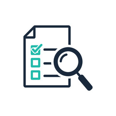 Vector icon illustrating a detailed review process with a checklist and magnifying glass, symbolizing assessment, validation, compliance, task completion, and thorough data examination